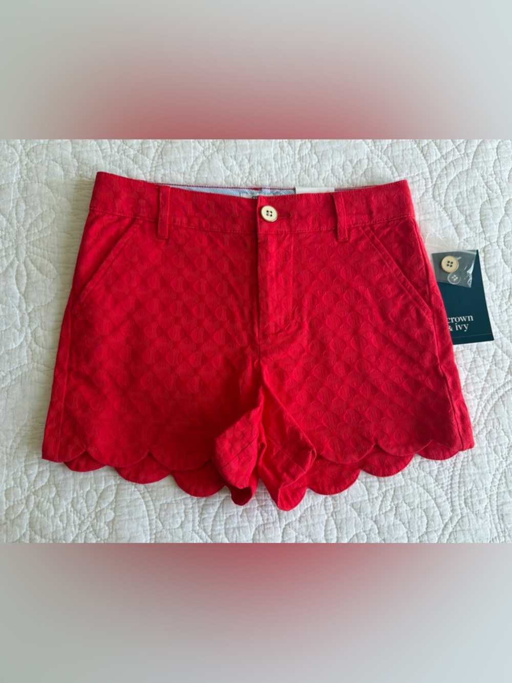 Crown & Ivy Shorts Girls 10 Red Jacquard Scallop Hem Chino Cotton Stretch NWT